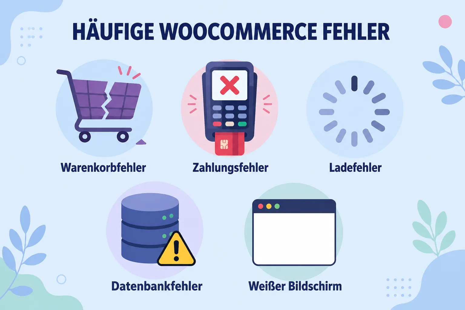 Bright editorial infographic-style landscape (): flat-vector illustration showing five common WooCommerce error icons — a