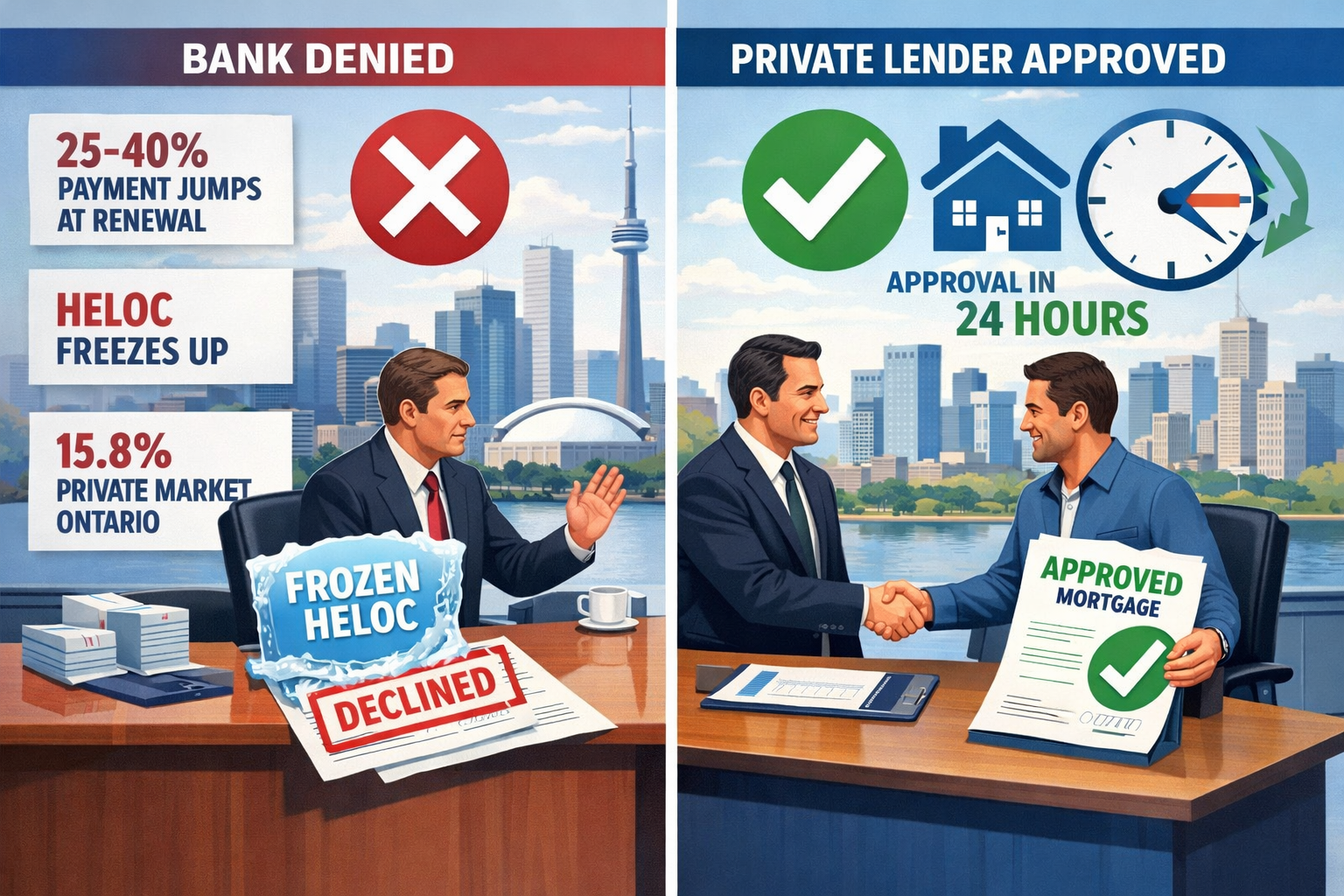 () infographic-style illustration showing a Toronto homeowner at a bank desk being turned away (red X symbol, frozen HELOC