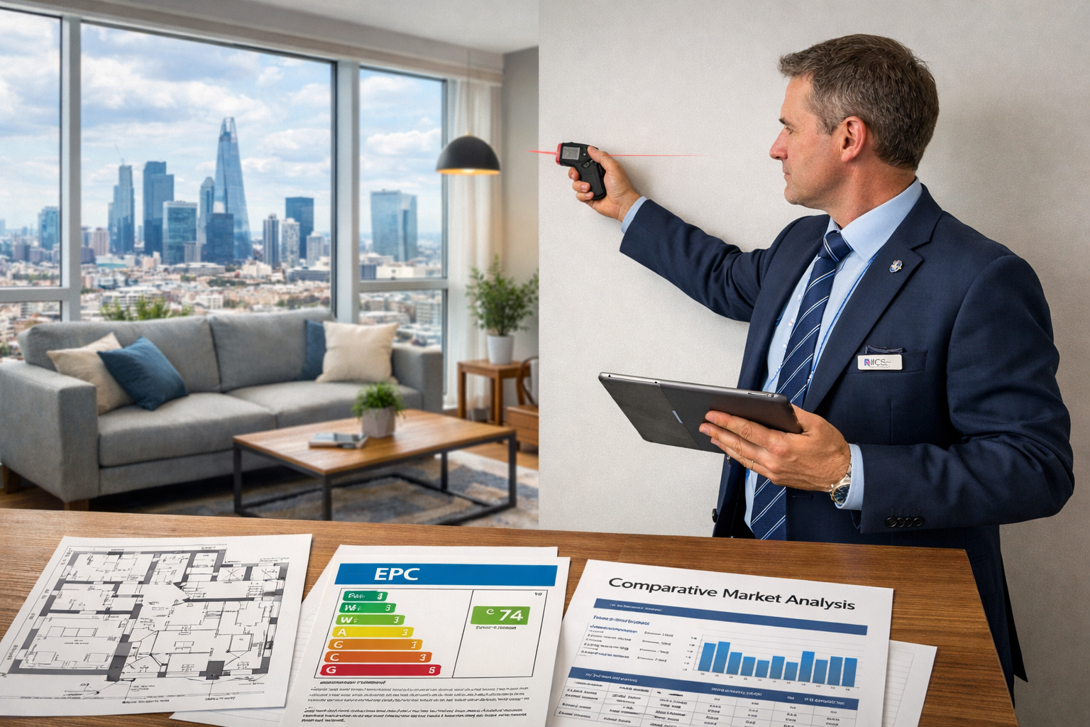 Detailed () editorial image showing professional RICS chartered surveyor conducting on-site inspection inside modern London