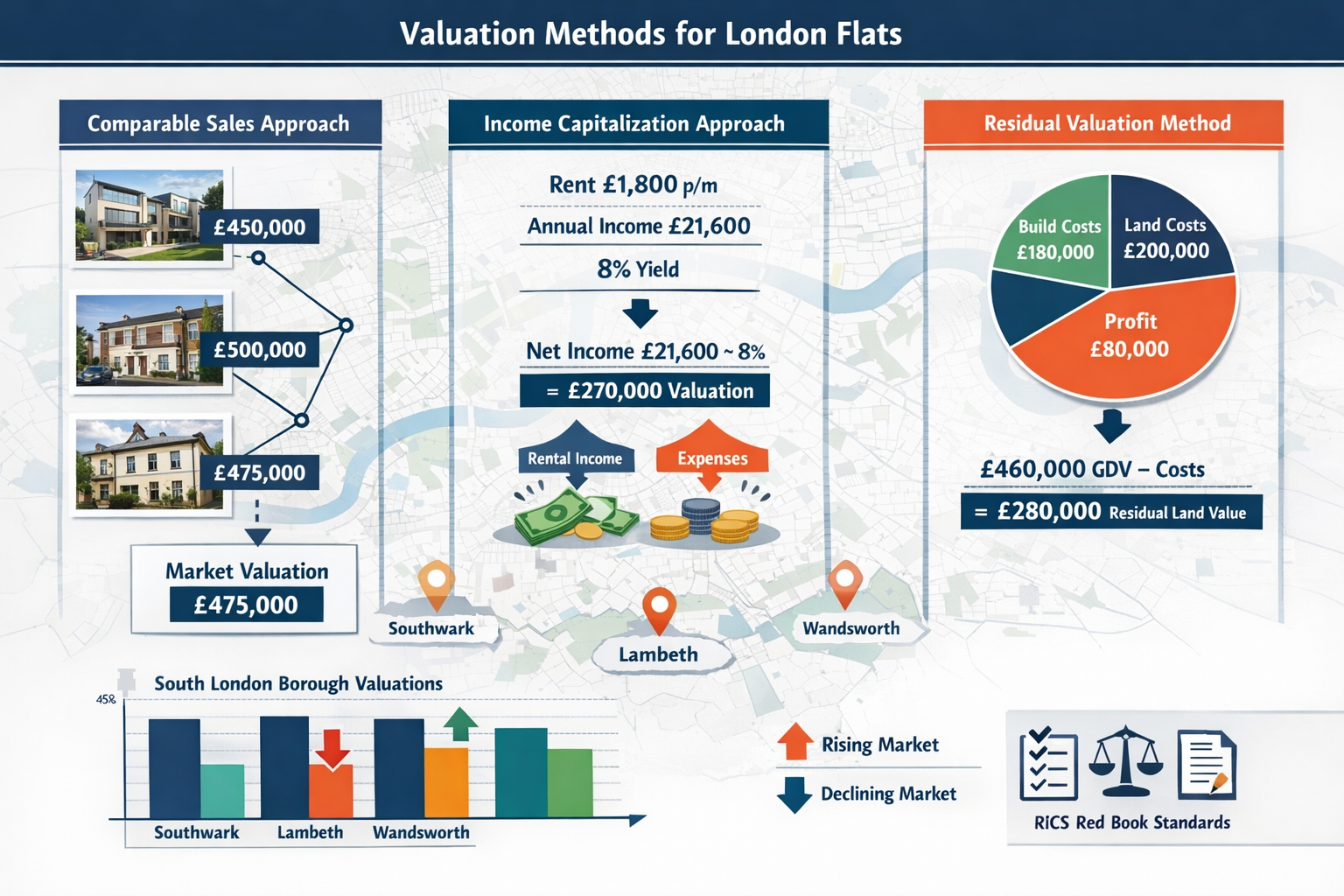 Comprehensive () infographic-style image displaying comparative valuation methods for London flats with three distinct