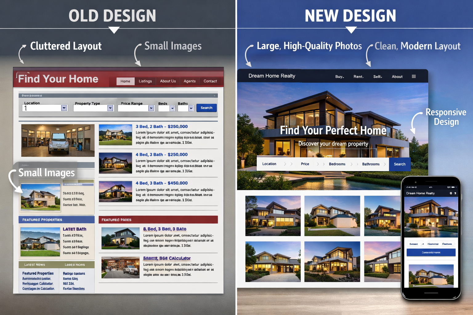 Detailed landscape format (1536x1024) image showing split-screen comparison of outdated vs modern real estate website designs. Left side dis - Webdesign für Immobilienmakler 2 Detailed landscape format (1536x1024) image showing split-screen comparison of outdated vs modern real estate website designs. Left side dis