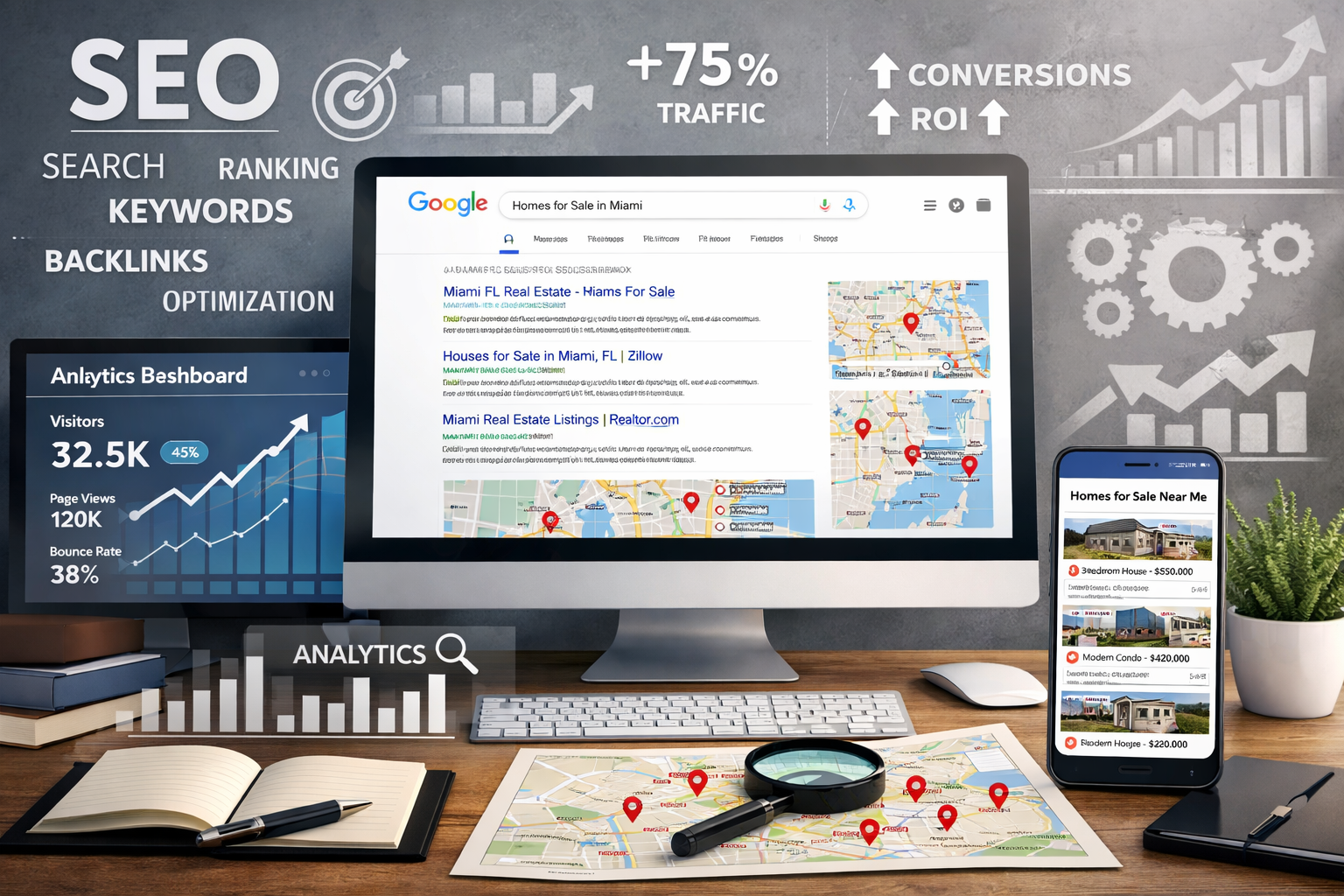 Detailed landscape format (1536x1024) image showcasing SEO optimization concept for real estate websites. Visual includes computer screen di - Webdesign für Immobilienmakler 12 Detailed landscape format (1536x1024) image showcasing SEO optimization concept for real estate websites. Visual includes computer screen di