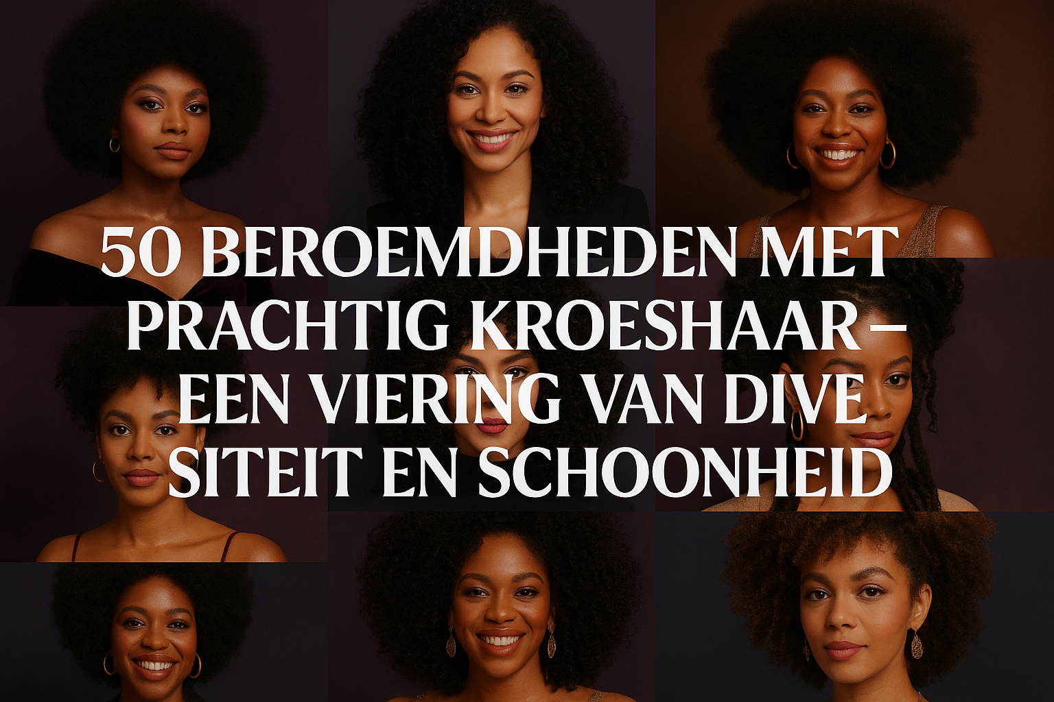 50 Beroemdheden met prachtig kroeshaar – Een viering van diversiteit en schoonheid 1 Professional landscape hero image (1536x1024) featuring bold text overlay '50 Beroemdheden met Prachtig Kroeshaar – Een Viering van Diversit