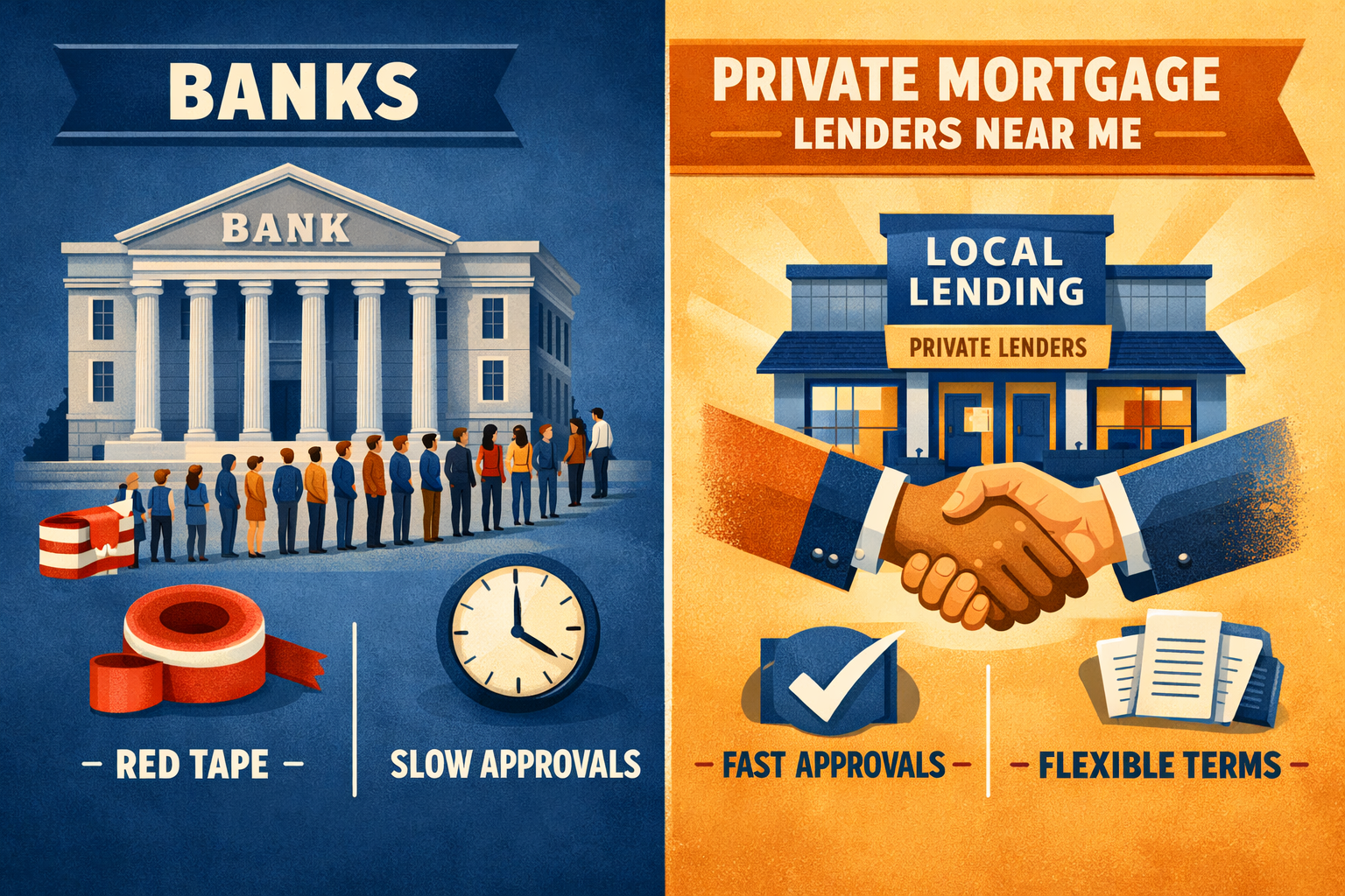 () infographic-style illustration comparing private mortgage lenders versus traditional banks: split-screen composition with