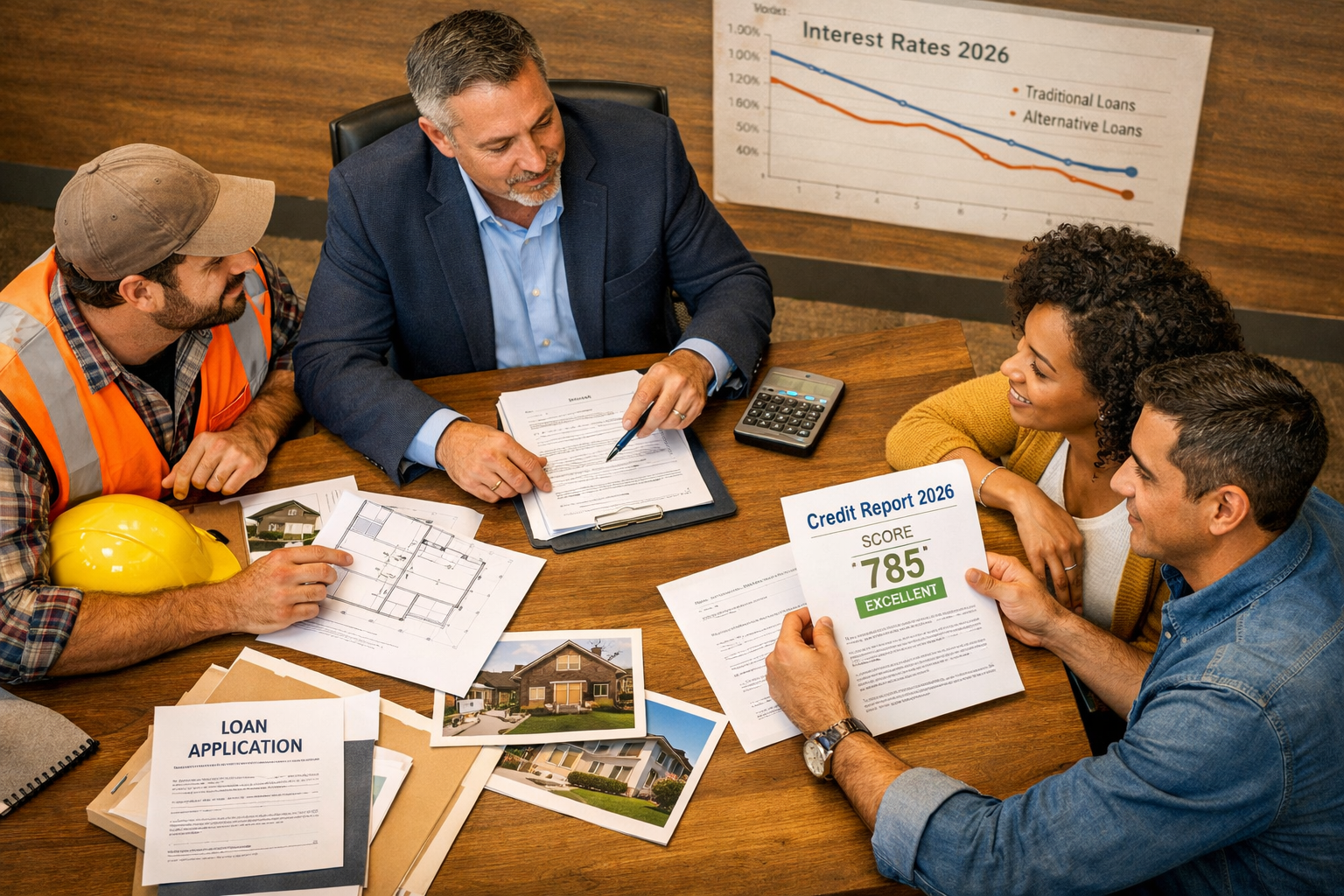 () editorial image showing a diverse group of borrowers — a self-employed contractor, a real estate investor with property