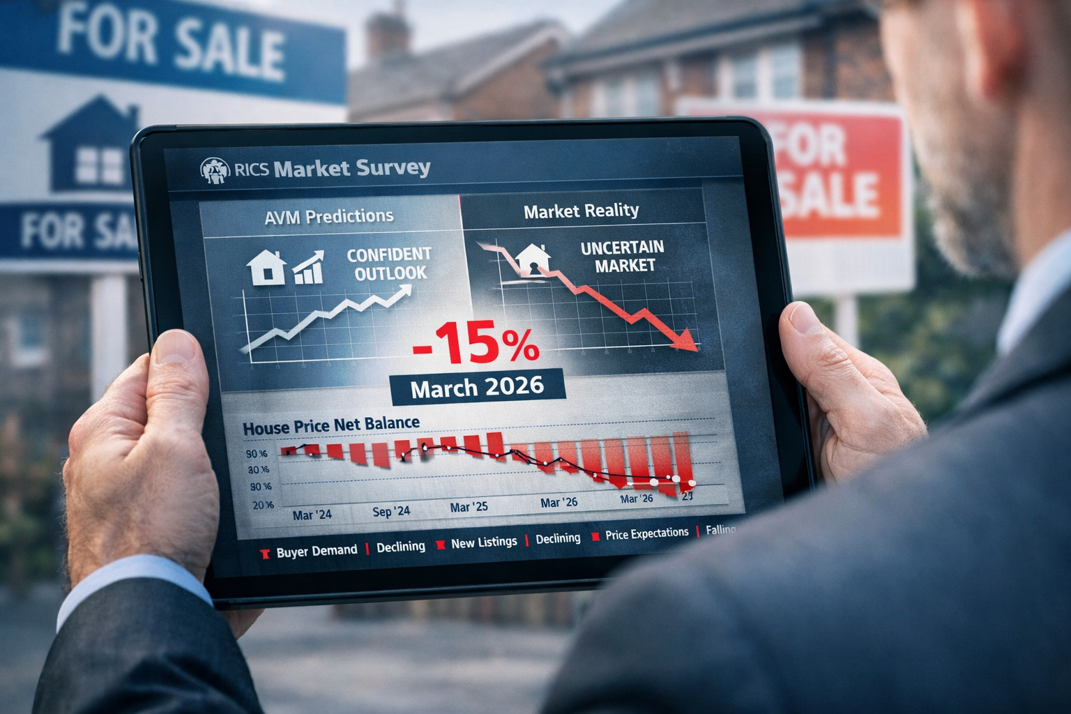 Detailed () image showing close-up of RICS market survey data dashboard on tablet screen held by professional surveyor,