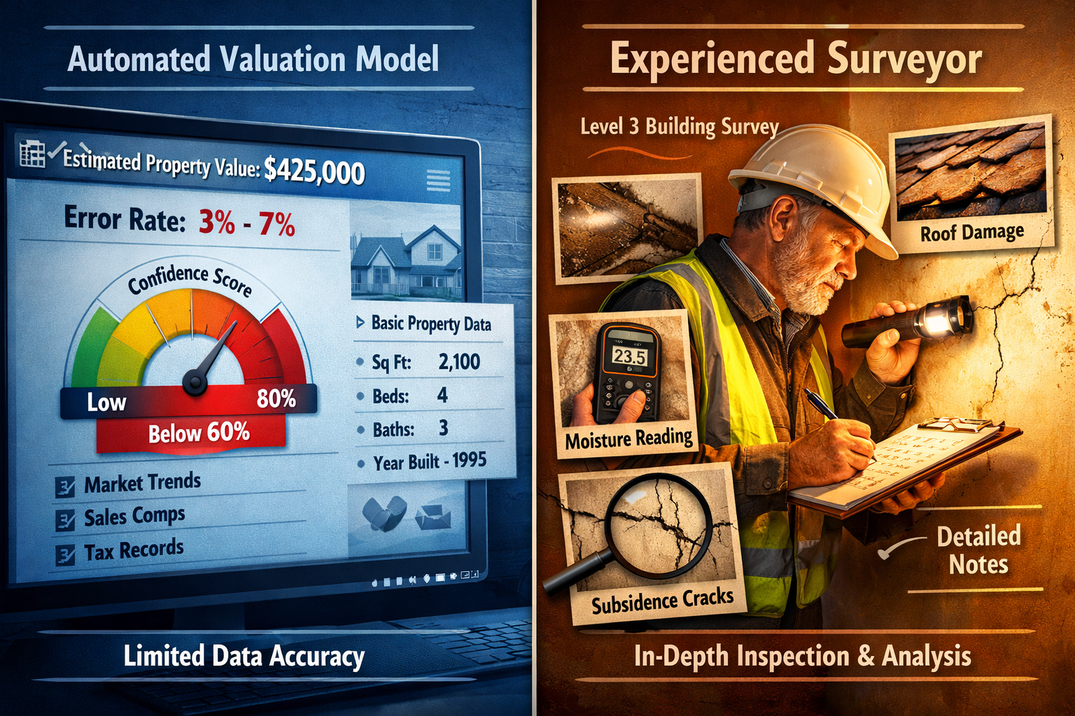 () detailed comparison infographic showing side-by-side visual analysis: left panel displays automated valuation model