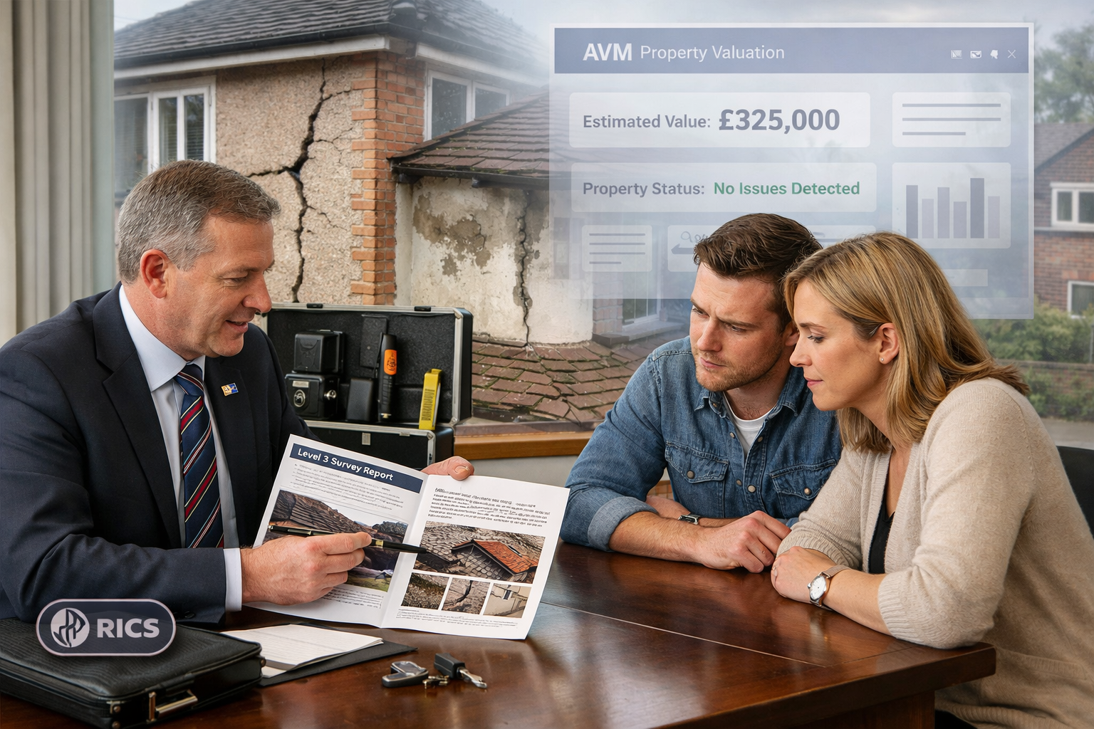 Professional () image depicting modern UK property transaction scene with three distinct zones: foreground shows