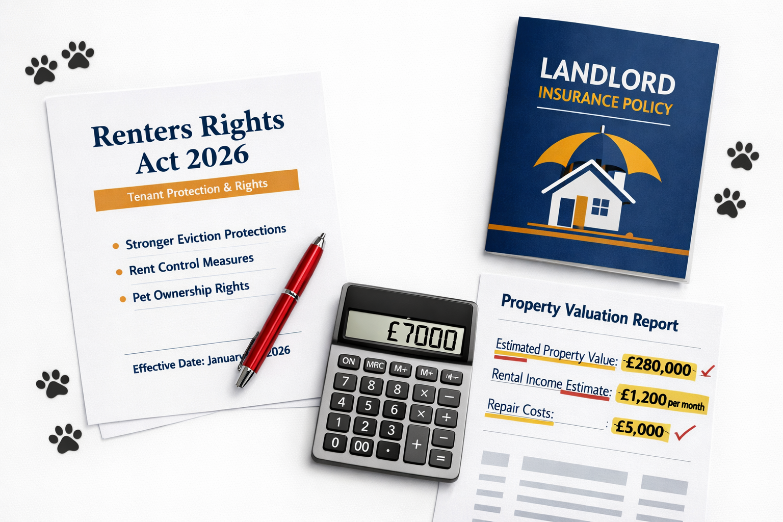 Flat-lay infographic style image on clean white desk surface showing: a printed Renters Rights Act 2026 document, a landlord