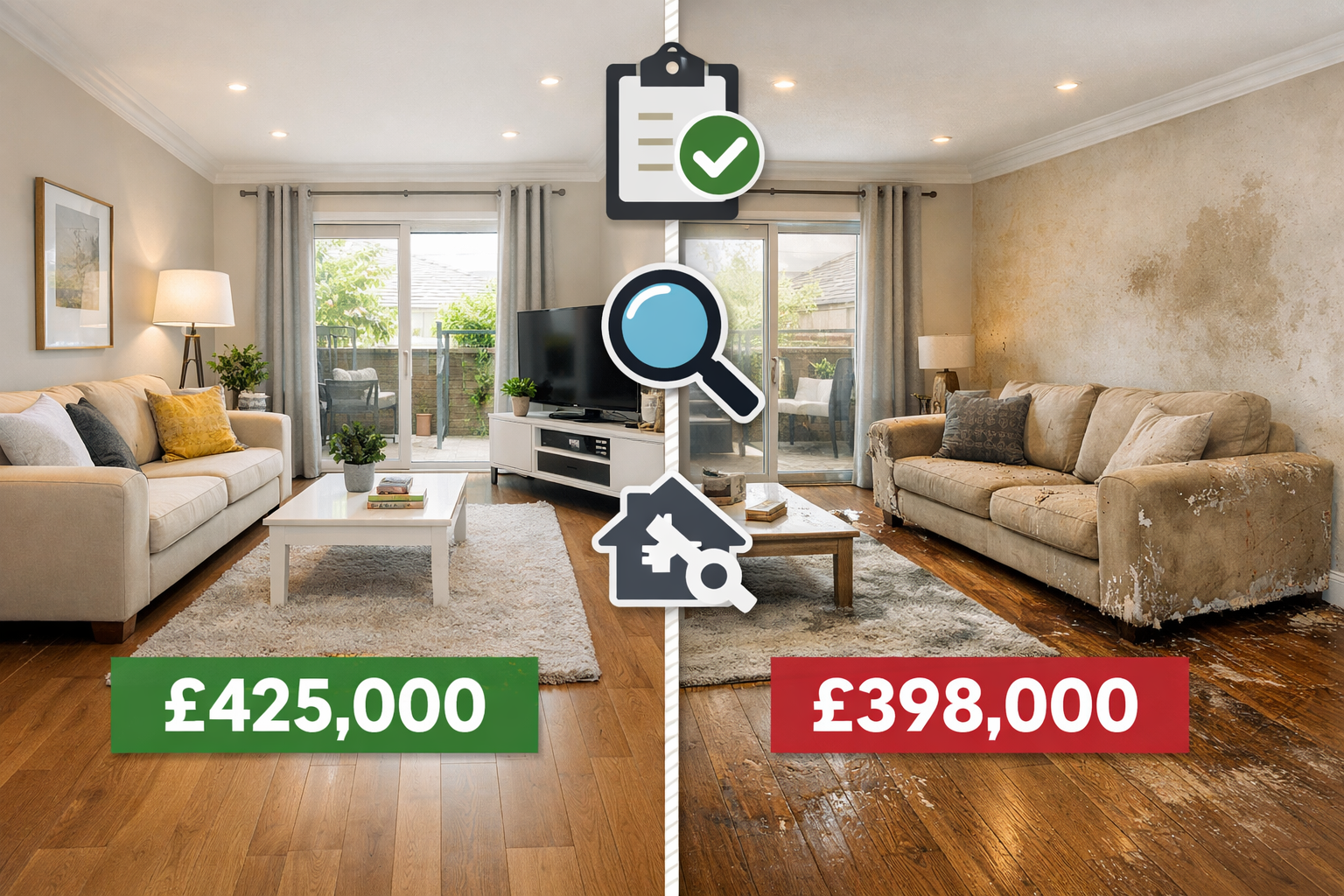 Split-panel comparison image: left panel shows a well-maintained PRS rental property living room with no visible pet damage,