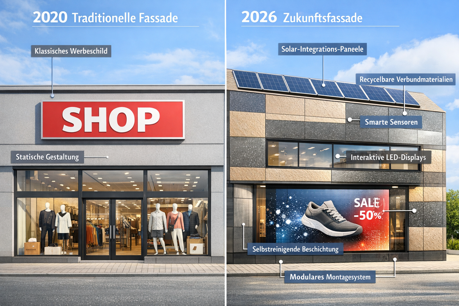 Landscape format (1536x1024) detailed image showing modern retail facade design evolution from 2020 to 2026, split-screen comparison with tr