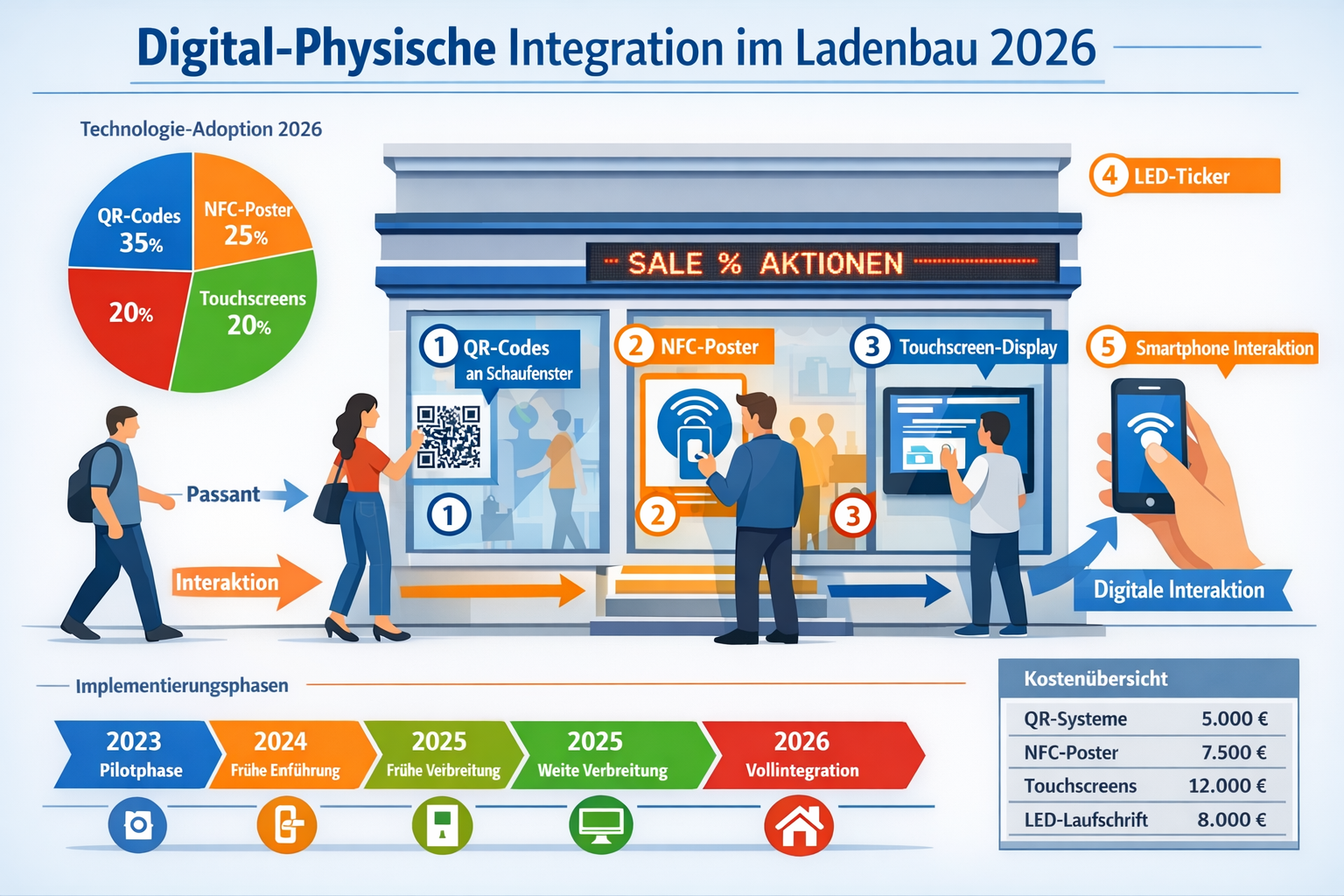 Landscape format (1536x1024) comprehensive infographic showing digital-physical integration in retail facades 2026. Central storefront mocku