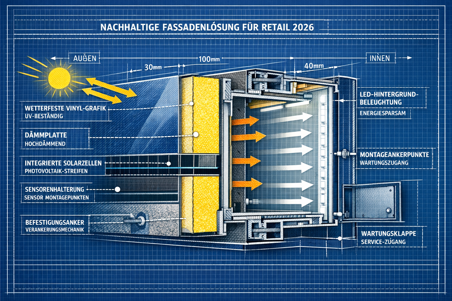 Landscape format (1536x1024) detailed cross-section technical illustration of sustainable facade system for retail 2026. Cutaway view showin