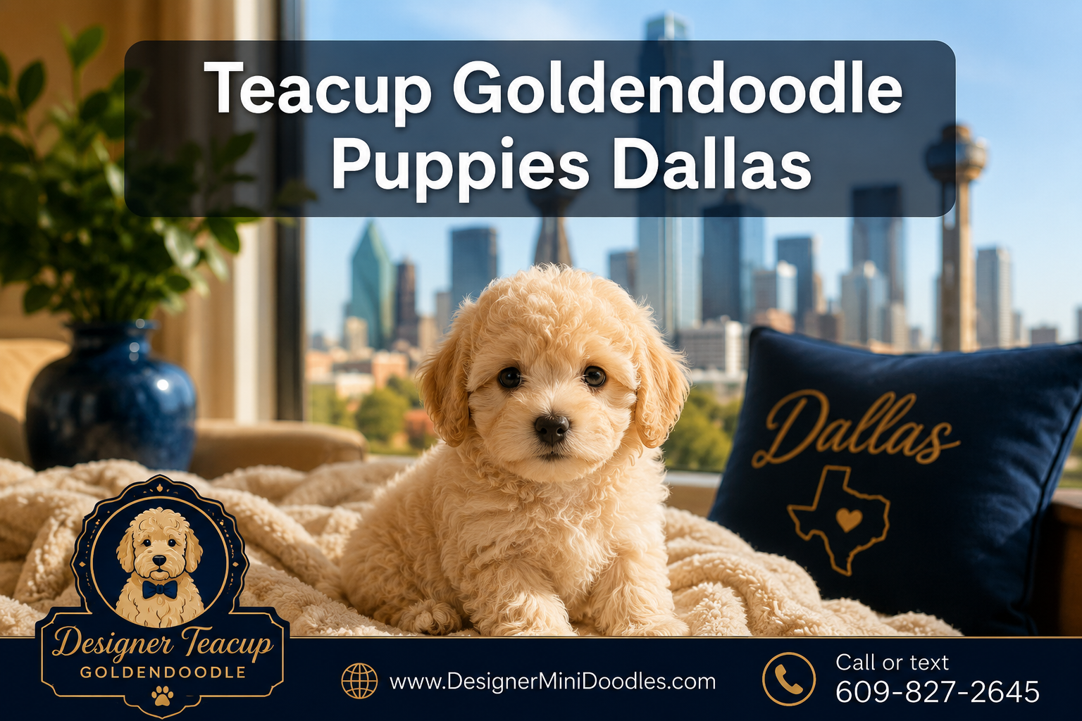 Professional () hero image with : 'Teacup Goldendoodle Puppies Dallas' in white with subtle drop , centered upper-third with