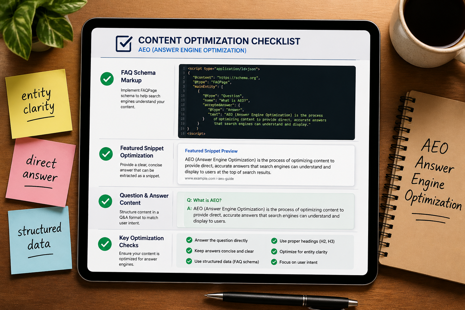 Landscape format (1536x1024) overhead flat-lay style diagram showing a structured content optimization checklist on a digital tablet screen. Visible elements include FAQ schema markup code snippets, a featured snippet preview box, a question-and-answer content block, and green checkmark icons beside each optimization step. Surrounding the tablet are sticky notes with terms like 'entity clarity', 'direct answer', 'structured data'. Warm desk lighting, professional editorial style, AEO Answer Engine Optimization focus. 