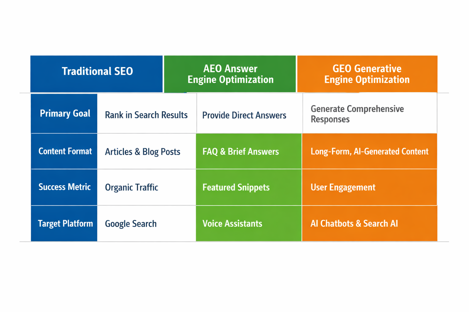 Landscape format (1536x1024) side-by-side comparison table rendered as a clean infographic: columns labeled 'Traditional SEO', 'AEO Answer Engine Optimization', and 'GEO Generative Engine Optimization'. Rows show criteria like 'Primary Goal', 'Content Format', 'Success Metric', 'Target Platform'. Color-coded cells in blue, green, and orange. Minimalist white background, bold sans-serif typography, professional editorial quality, suitable for a high-authority digital marketing guide. 