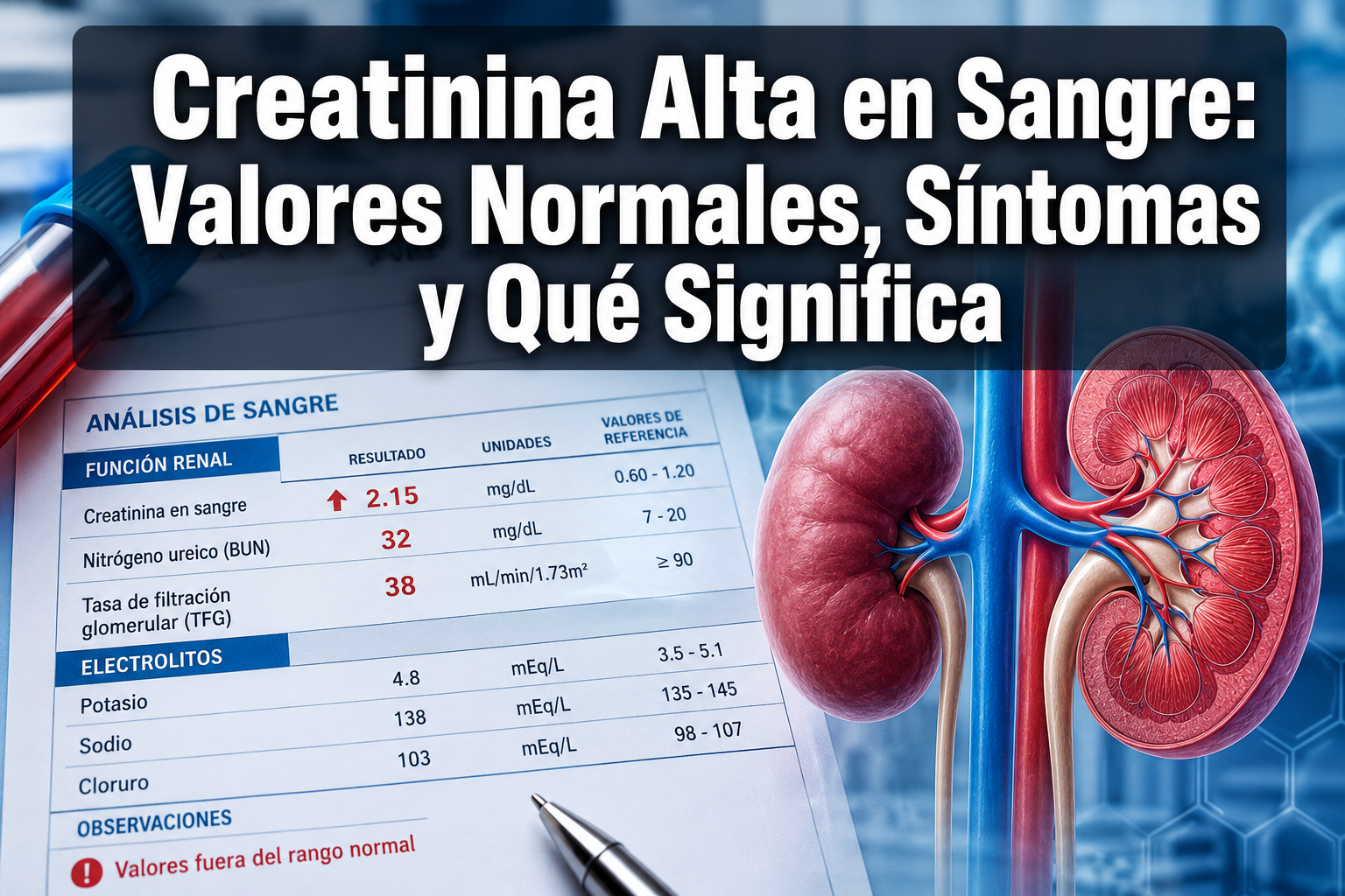 Professional () hero image with 'Creatinina Alta en Sangre: Valores Normales, Síntomas y Qué Significa' in extra large white