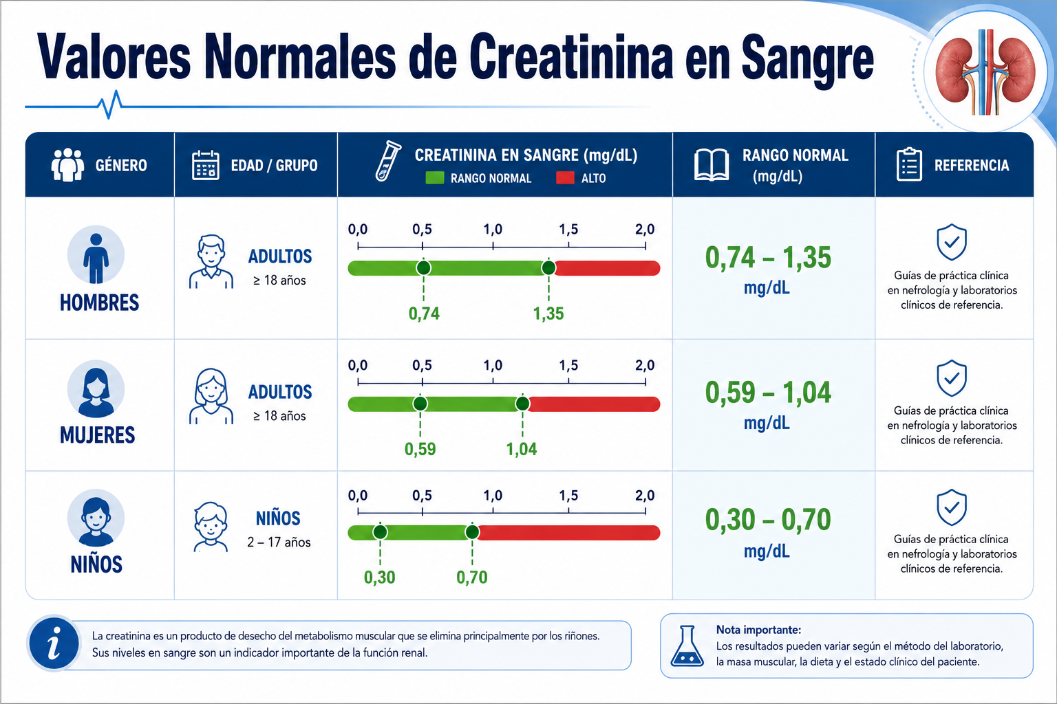 Detailed () medical infographic illustration showing a split-panel comparison table of creatinina values normales por edad y