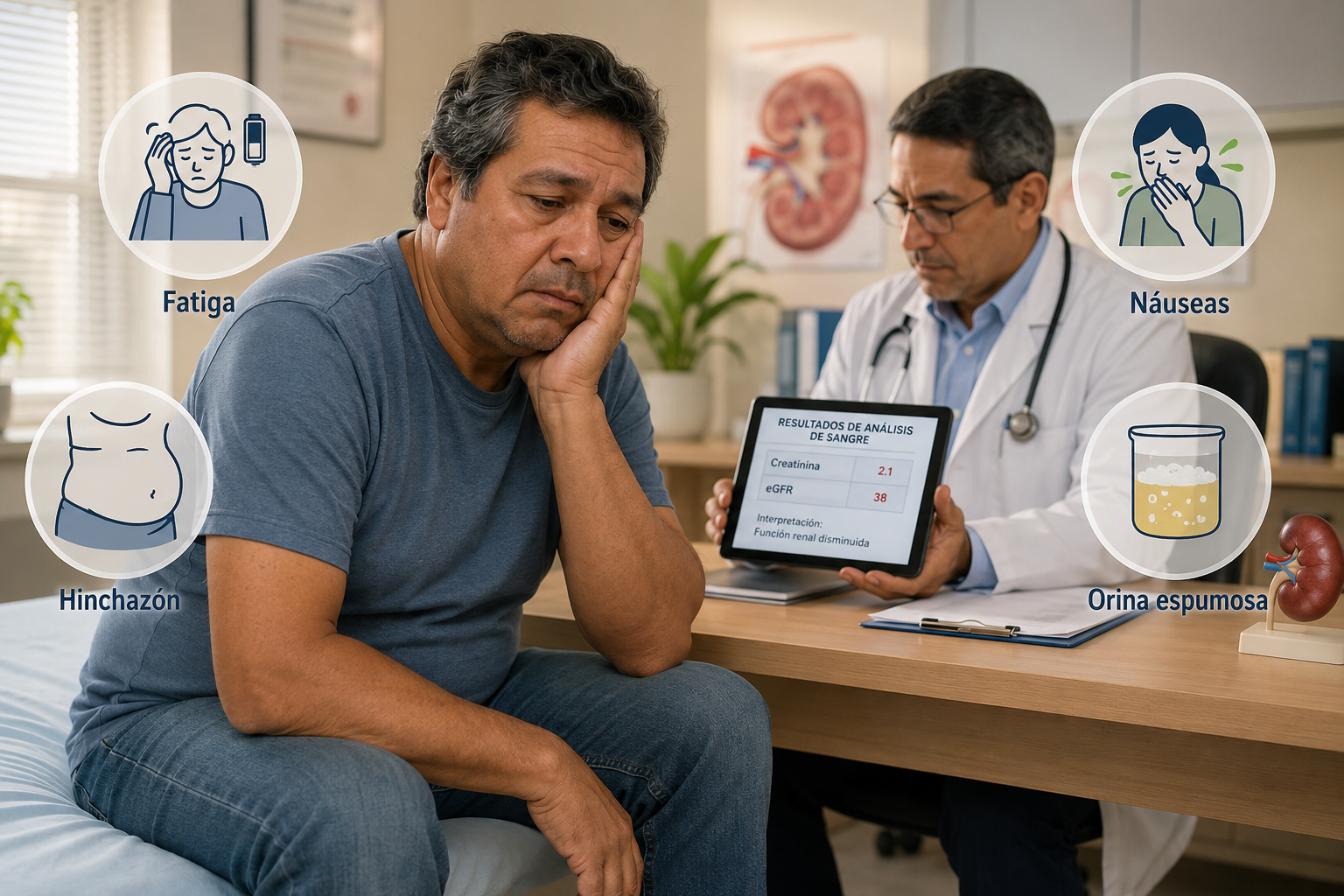 () showing a middle-aged person sitting in a doctor's consultation room looking fatigued, with visible symptom icons