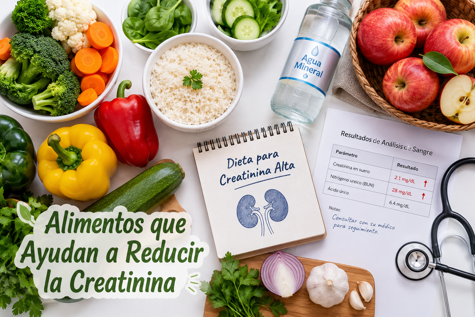 () showing a top-down flat-lay of kidney-friendly foods arranged on a clean white surface — verduras frescas, arroz,