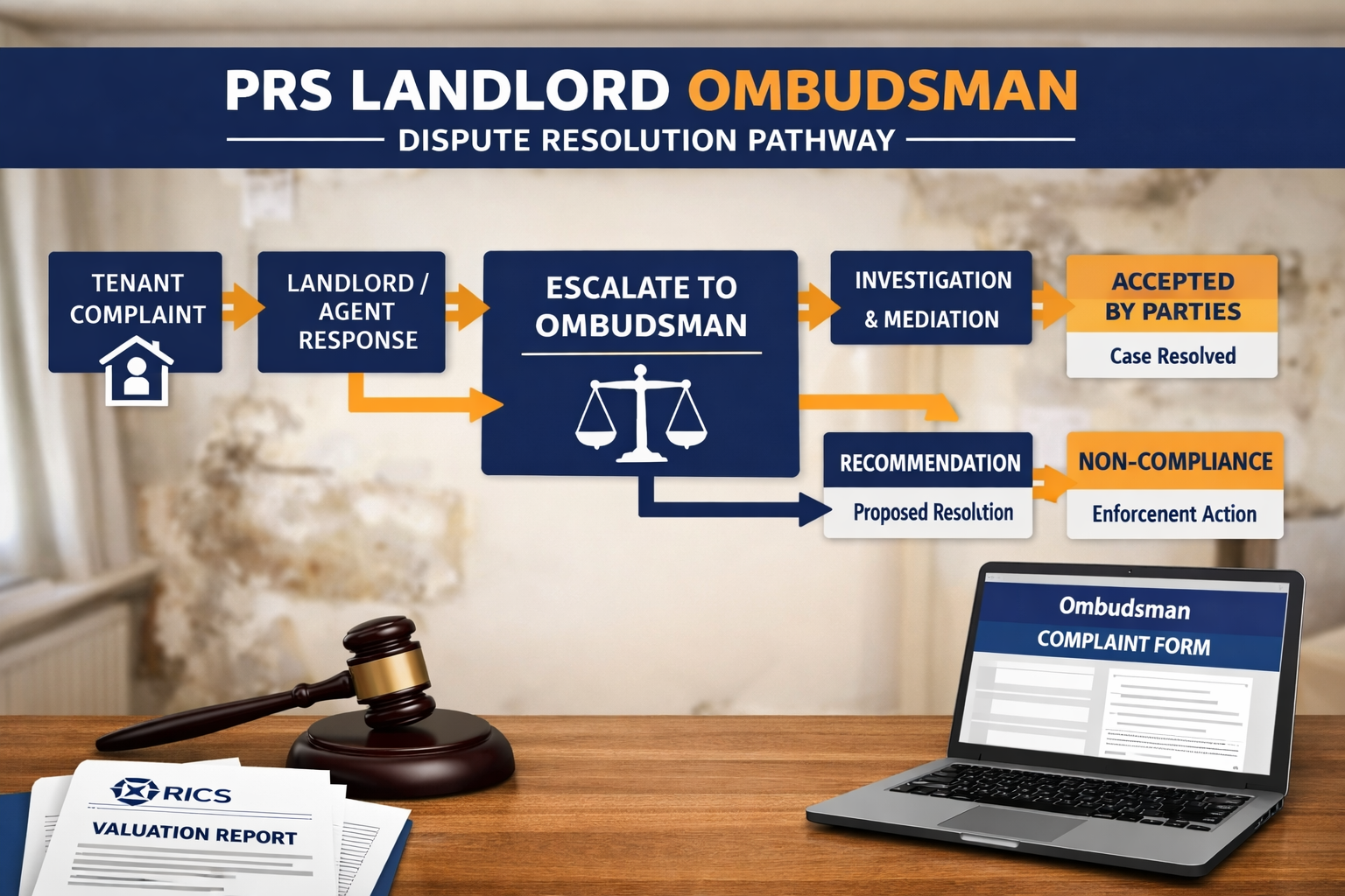 () editorial illustration showing the new PRS Landlord Ombudsman dispute resolution pathway: a formal flowchart diagram