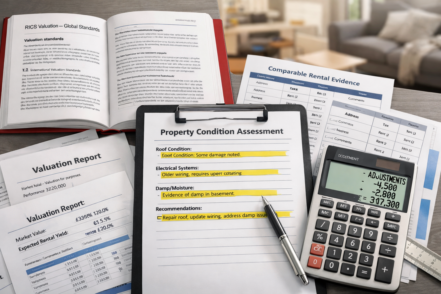 () close-up editorial photograph of a chartered surveyor's workstation: spread of technical valuation documents, a property
