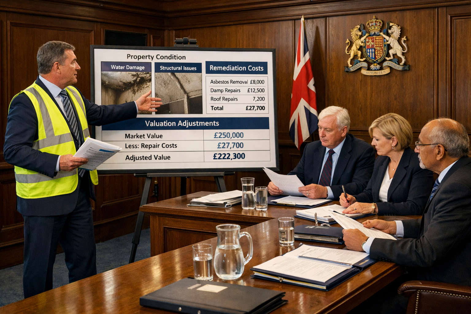 () courtroom-adjacent professional scene: an expert witness surveyor presenting evidence at a formal ombudsman hearing