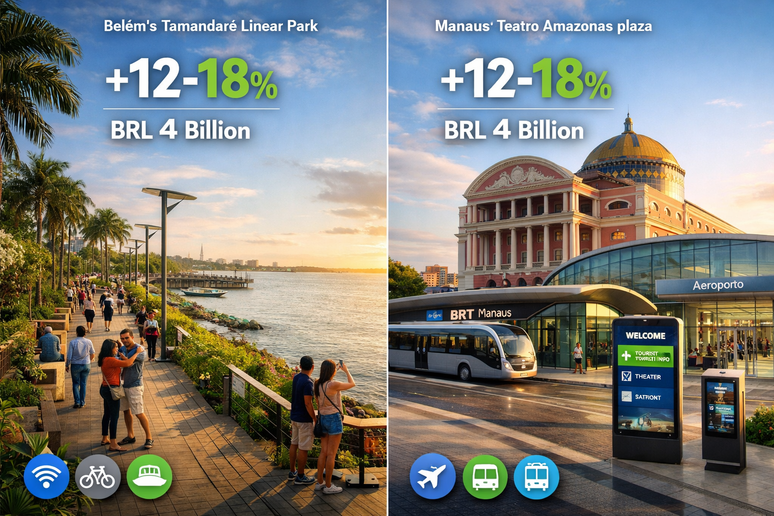 Detailed landscape format (1536x1024) image showing split-screen comparison of Belém's Tamandaré Linear Park and Manaus Teatro Amazonas plaz