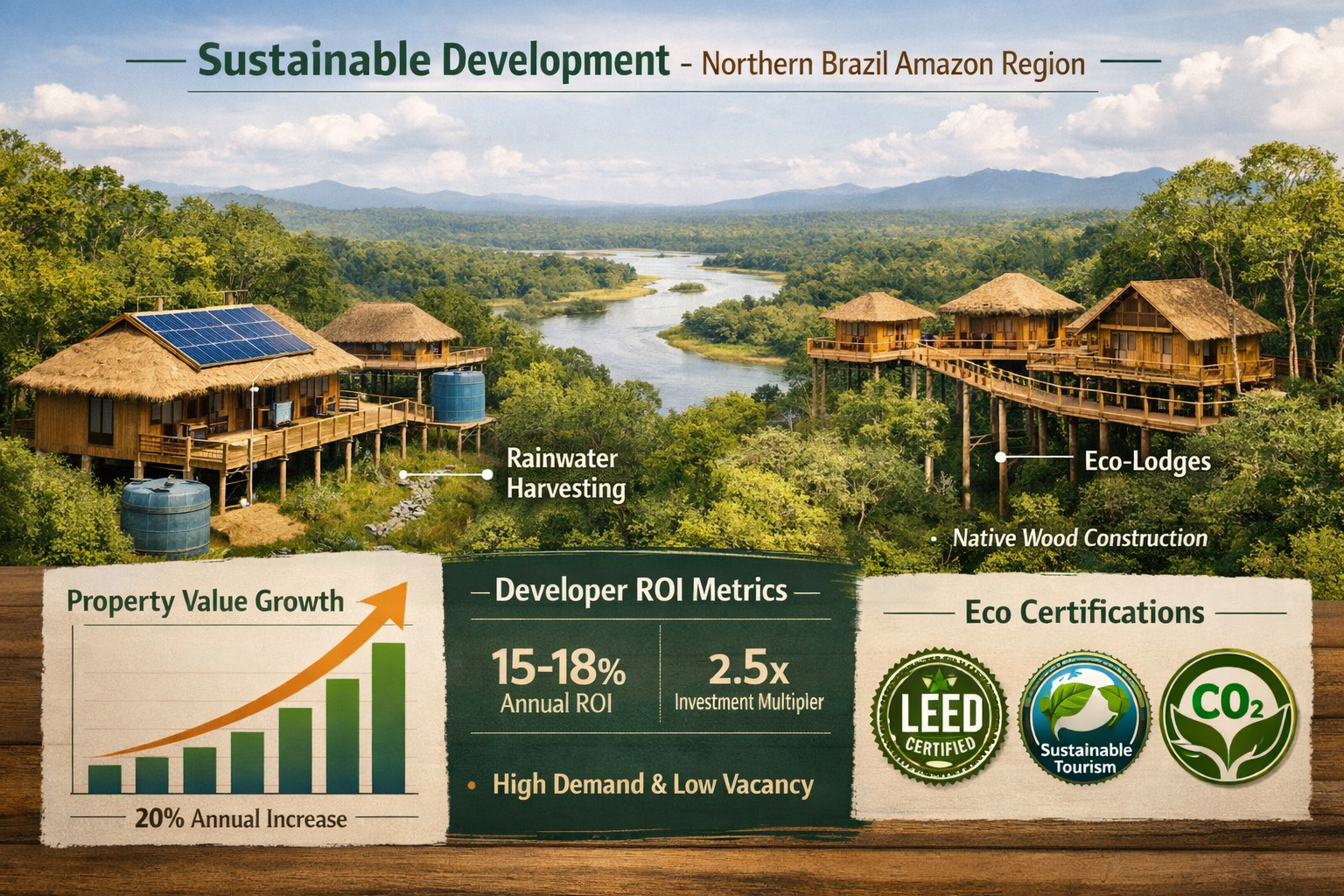 Landscape format (1536x1024) infographic-style image depicting sustainable low-density development projects in Northern Brazil Amazon region
