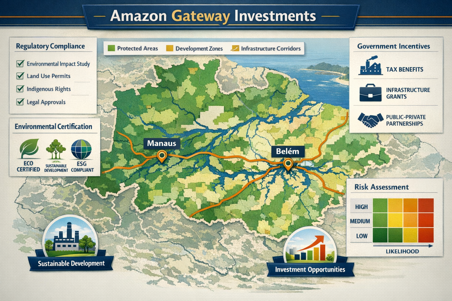 Detailed landscape format (1536x1024) image illustrating regulatory framework and risk mitigation strategies for Amazon gateway investments.