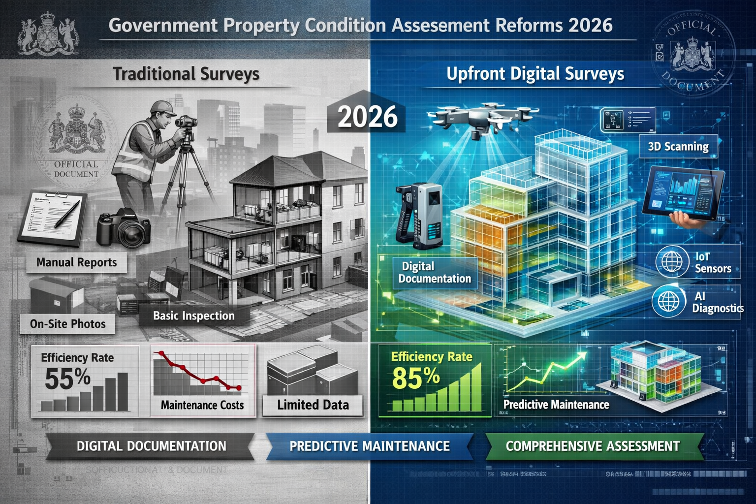 A detailed architectural visualization showing a split-screen infographic representing government property condition
