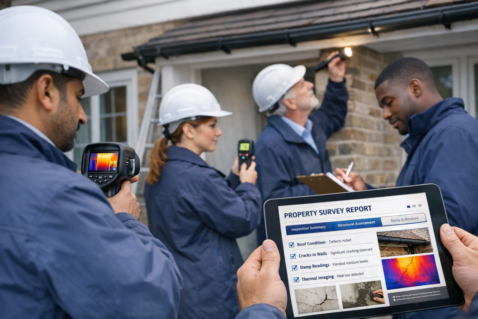 Detailed () professional photograph showing diverse team of chartered surveyors conducting comprehensive property condition