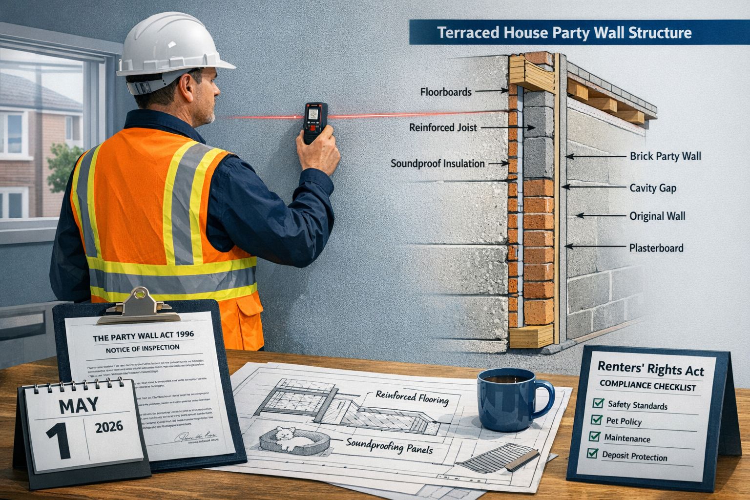 Detailed () image showing professional surveyor conducting party wall inspection in modern UK rental property. Scene