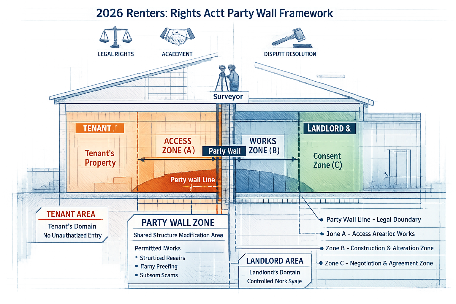 Comprehensive editorial infographic visualizing the 2026 Renters' Rights Act Party Wall Framework, featuring architectural
