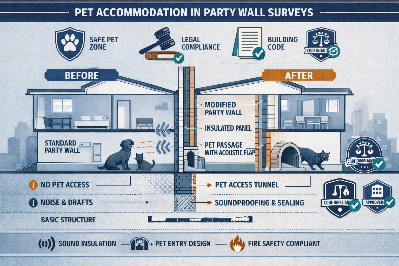 Dynamic visualization depicting pet accommodation protocols within party wall survey contexts, featuring split-screen