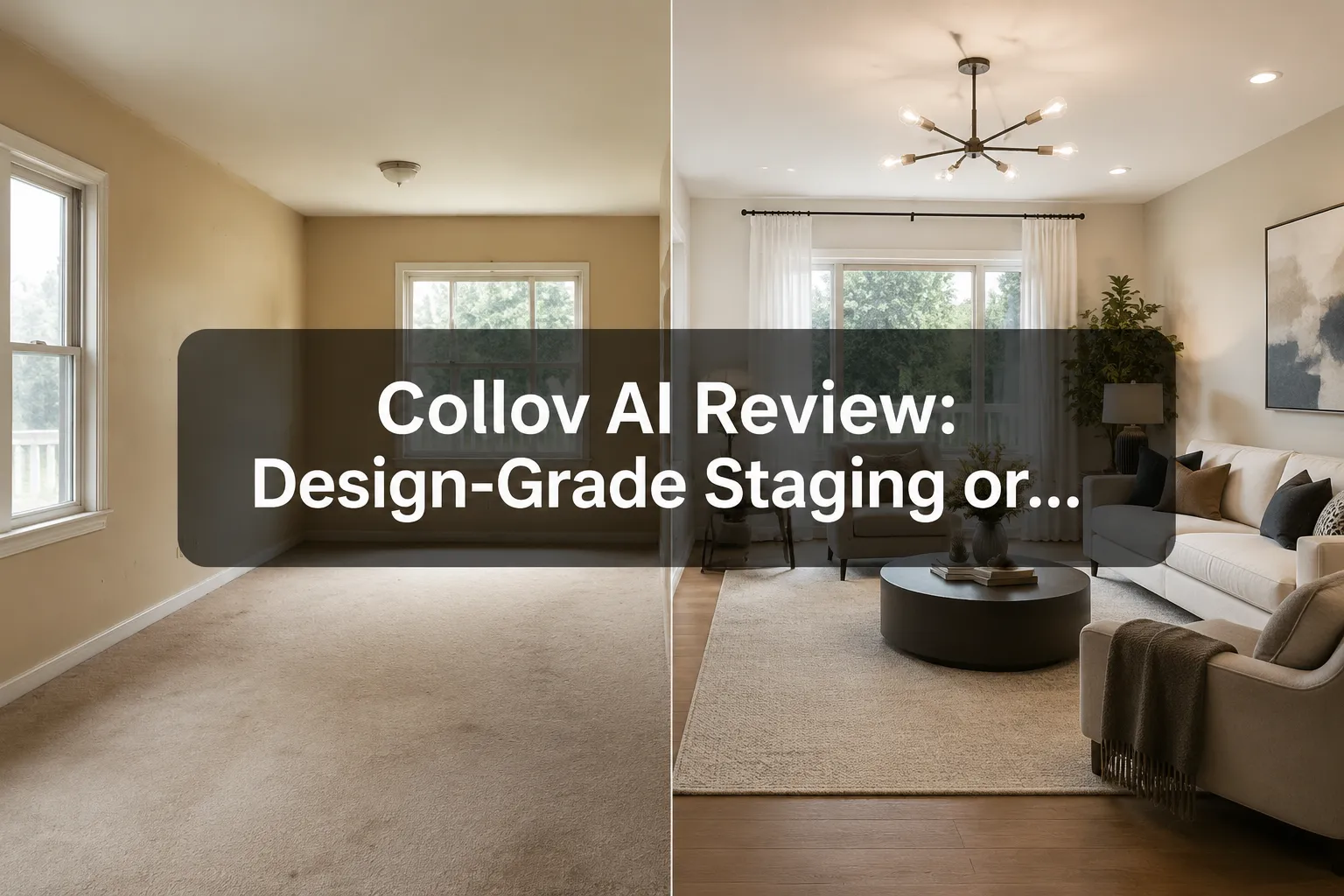 Professional () hero image with (≤42 chars): 'Collov AI Review: Design-Grade Staging or…', crisp white on a semi-transparent