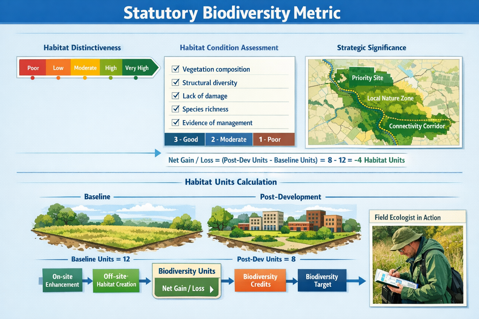 () detailed infographic showing the Statutory Biodiversity Metric calculation framework with three distinct measurement