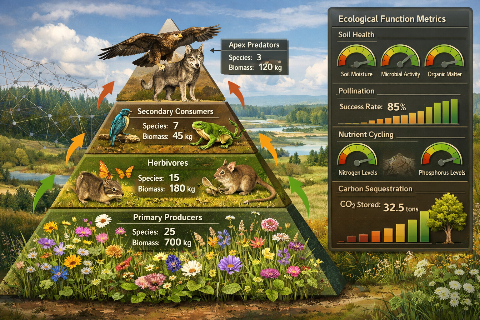 () conceptual illustration depicting trophic complexity measurement in rewilding projects showing layered ecosystem pyramid