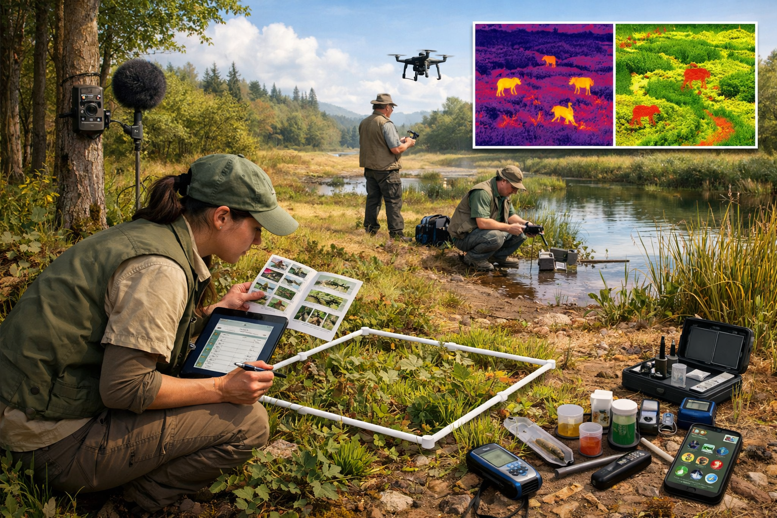 () field monitoring scene showing ecologist team conducting comprehensive rewilding assessment across restored landscape