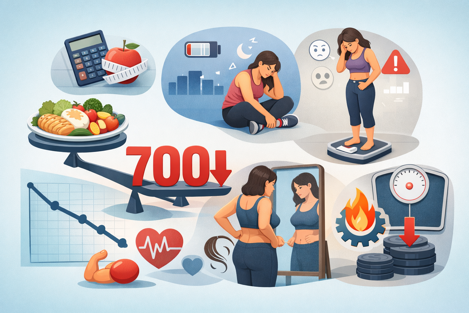 Professional landscape infographic () for article "Is a 700 Calorie Deficit Too Much?", section: "Is a 700 Calorie Deficit