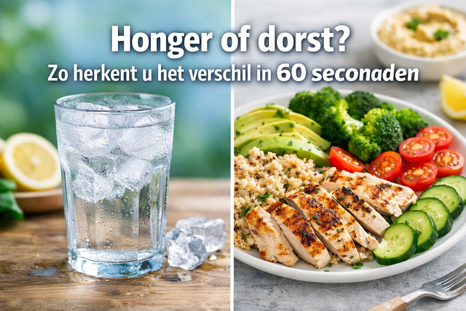 Professional landscape format (1536x1024) hero image with bold text overlay: 'Honger of dorst? Zo herkent u het verschil in 60 seconden', ex
