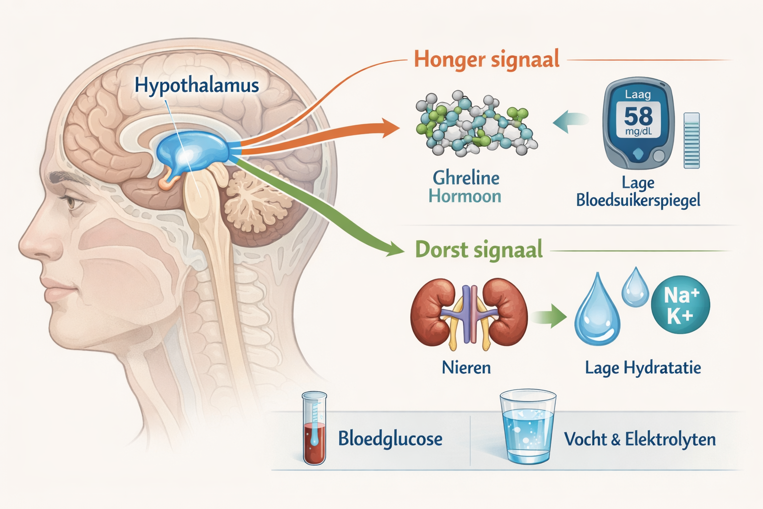 Landscape format (1536x1024) detailed infographic showing the brain's hypothalamus region highlighted in soft blue, with two pathways branch