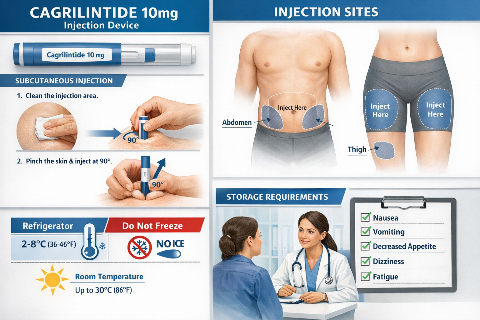Clinical research composition (1536x1024) showing subcutaneous injection pen device for cagrilintide 10mg administration, proper injection t