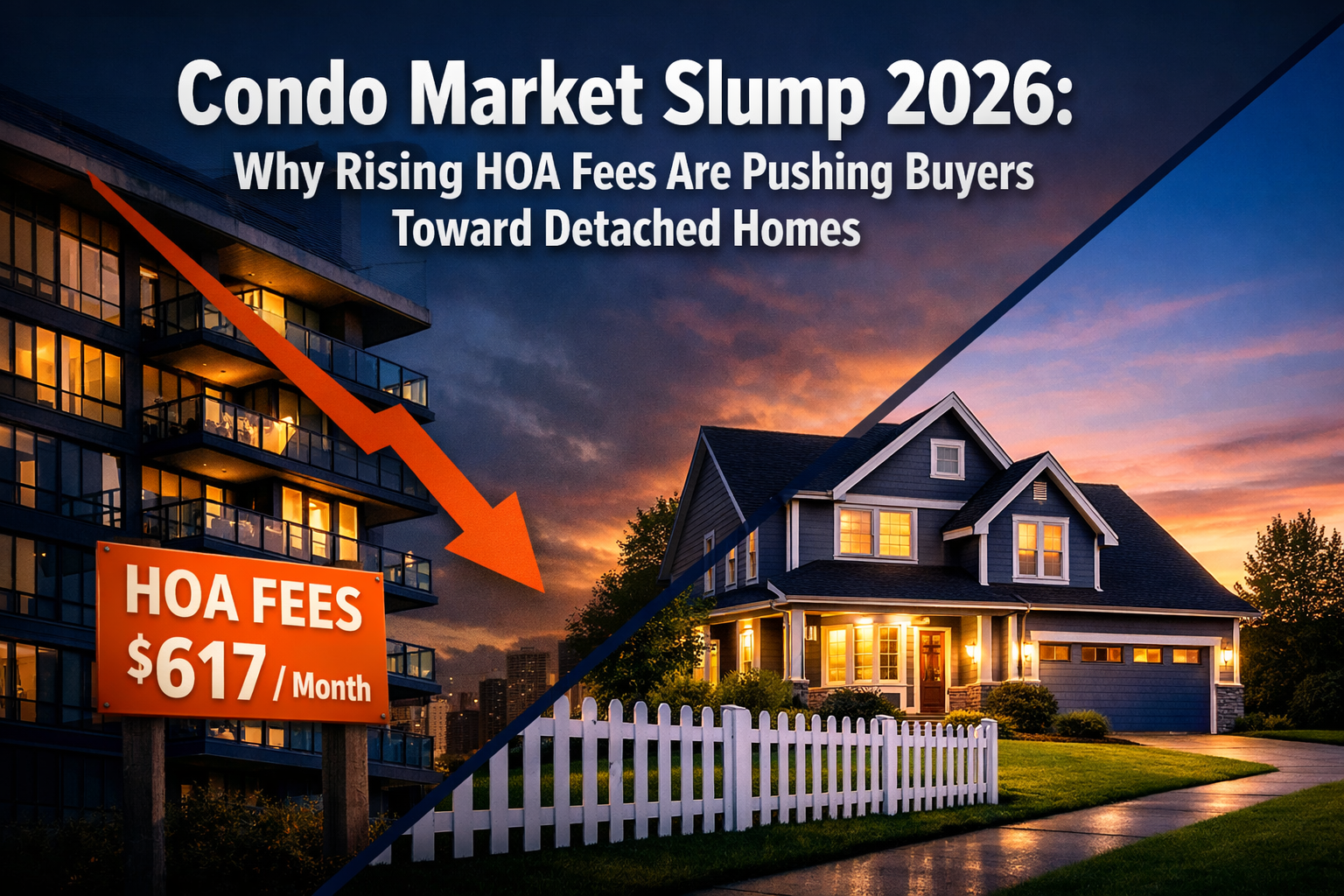 Professional landscape format (1536x1024) hero image featuring bold text overlay 'Condo Market Slump 2026: Why Rising HOA Fees Are Pushing B