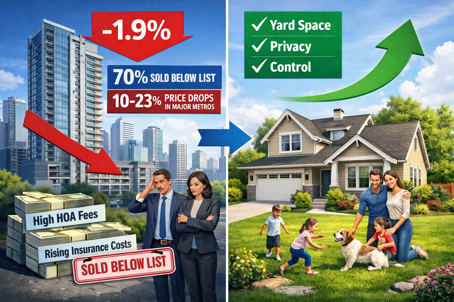 Detailed landscape format (1536x1024) conceptual split-comparison illustration showing condo market decline versus single-family home prefer