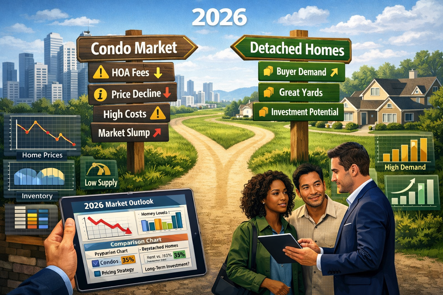 Detailed landscape format (1536x1024) strategic decision-making illustration for real estate professionals and buyers navigating 2026 market