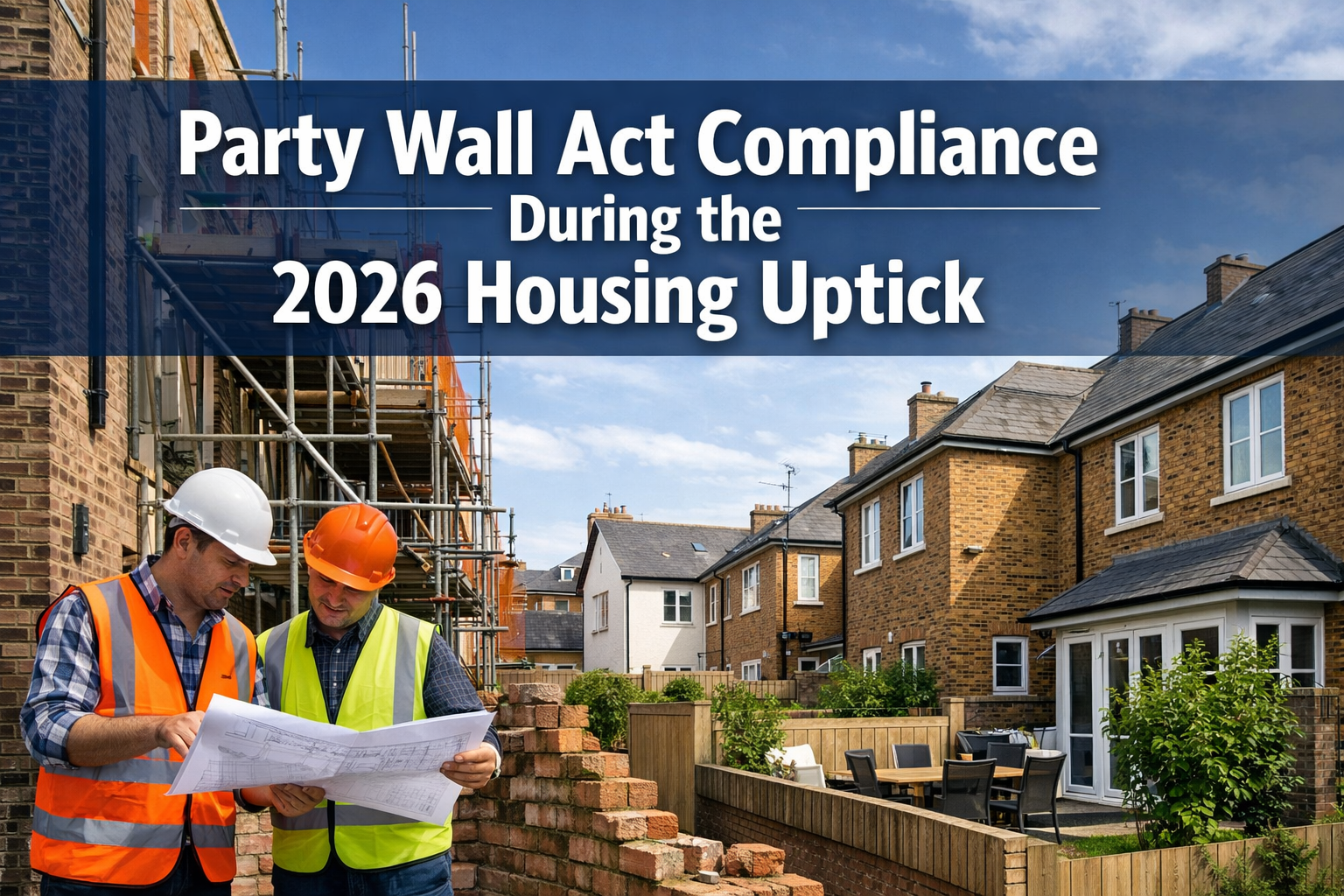 Professional () hero image featuring 'Party Wall Act Compliance During the 2026 Housing Uptick' in extra large white with