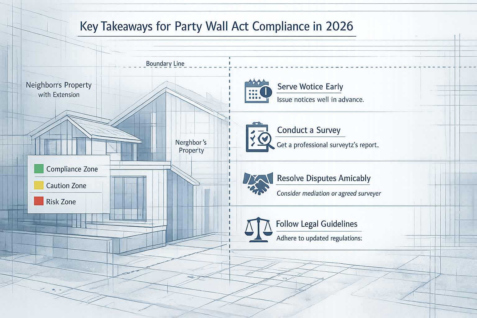 Editorial-style infographic landscape visualizing 'Key Takeaways' for Party Wall Act compliance in 2026, featuring a modern