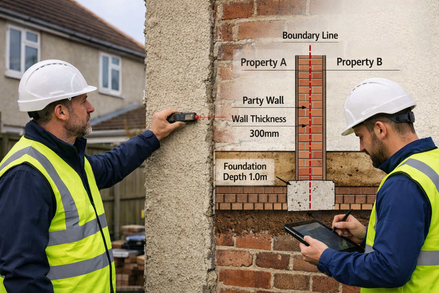 () photograph showing two professional surveyors in high-visibility vests and hard hats conducting a party wall inspection