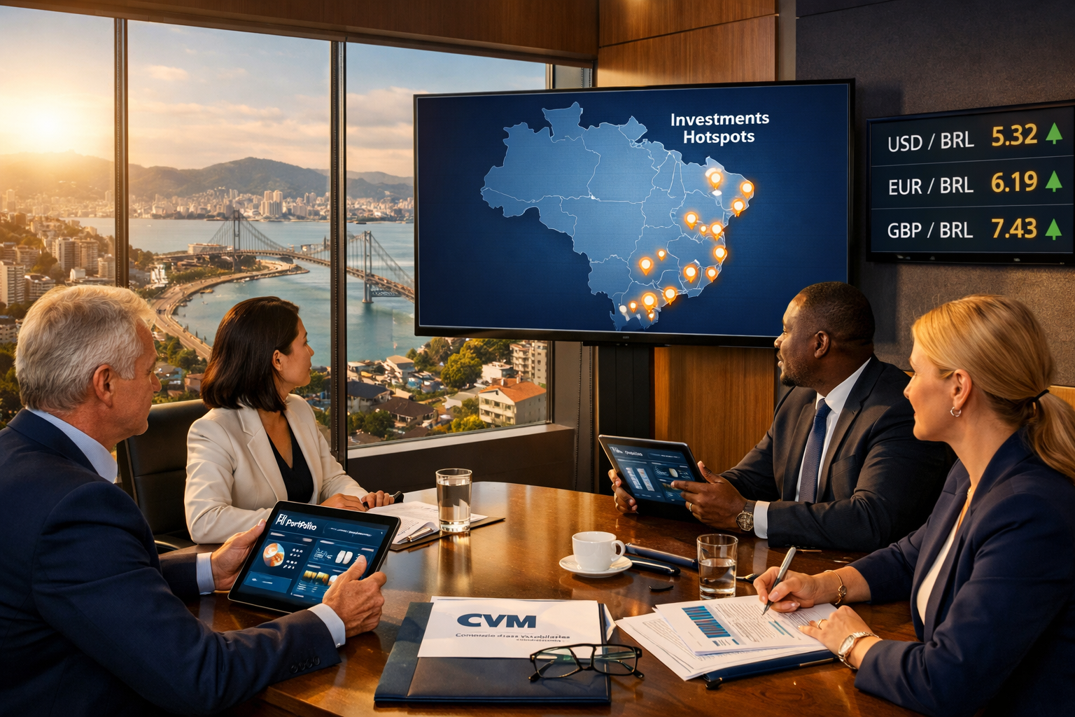 () editorial scene showing an international business meeting in a contemporary glass-walled boardroom overlooking a